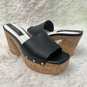Franco Sarto Damara Platform Slide Sandal Black Peep toe Chunky cork Heel sz6.5M
